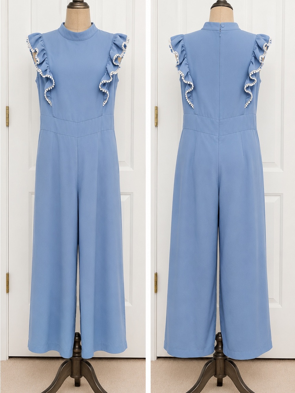 SHEIN Dusty Blue Ruffle-Trim Wide Leg Jumpsuit
